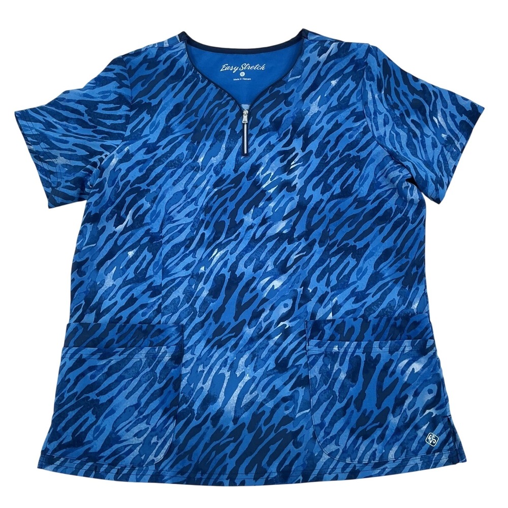 Easy Stretch Scrub Top Women L Blue Tiger Print Zip V-Neck Modern Professional